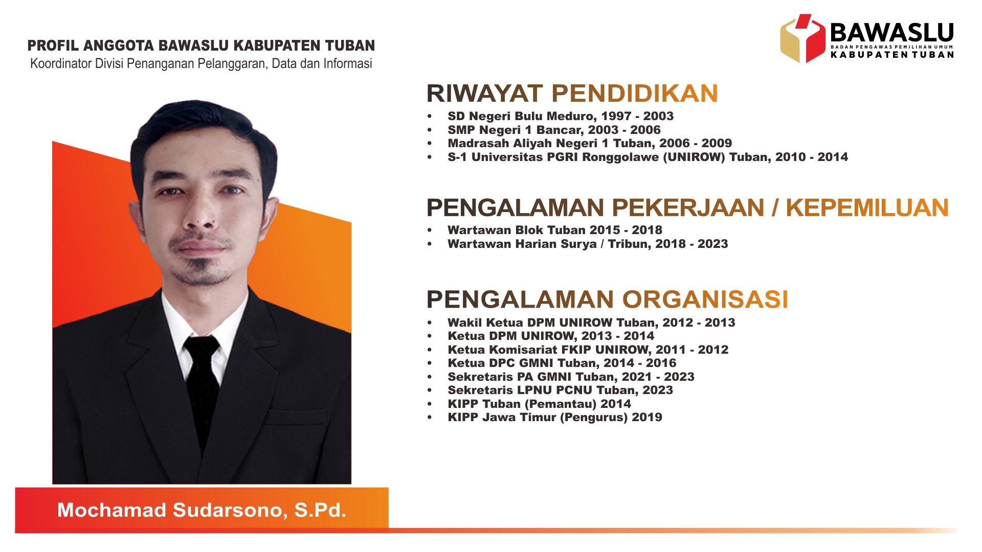 Anggota Bawaslu Tuban Mochamad Sudarsono, S.Pd.